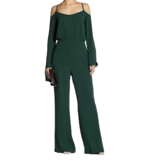 Pants - BCBG MAXAZRIA JORDANE Chic Green Cold-Shoulder Jumpsuit with Wide-Leg XS
